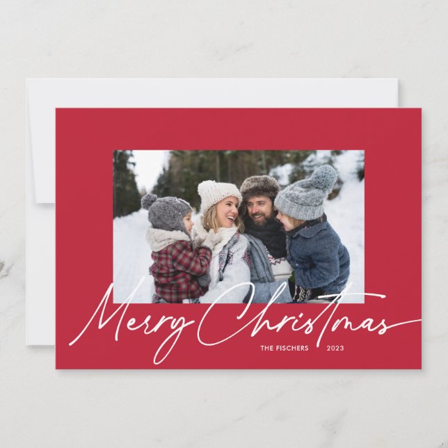 Red Christmas Calligraphy Script Simple 3 Photo Holiday Card (Front)