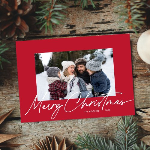 Red Christmas Calligraphy Script Simple Photo Holiday Card