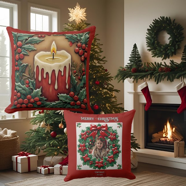 Red Christmas Candle Customizable Throw Pillow (Creator Uploaded)