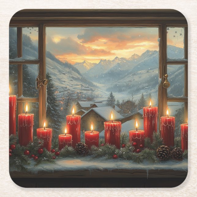 Red Christmas Candles Pine Cones Beautiful Winter  Square Paper Coaster (Front)