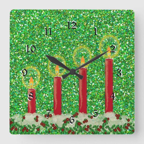 Red Christmas Candles pretty sparkling design Square Wall Clock