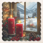 Red Christmas Candles Red Berries Pine Cones  Paper Coaster
