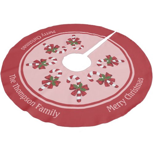 Red Christmas Candy Canes With Custom Family Name Brushed Polyester Tree Skirt