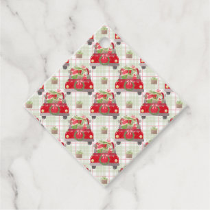 Red Christmas Car Full Of Gifts - Plaid Background Favor Tags