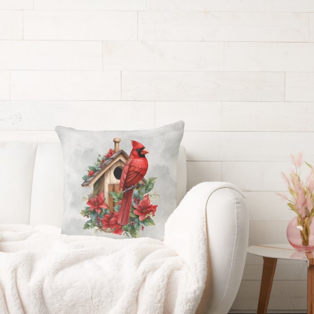 Red Christmas Cardinal AT the Bird House  Throw Pillow (Couch)
