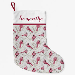 Red Christmas Cardinal Birds Personalized Name Small Christmas Stocking