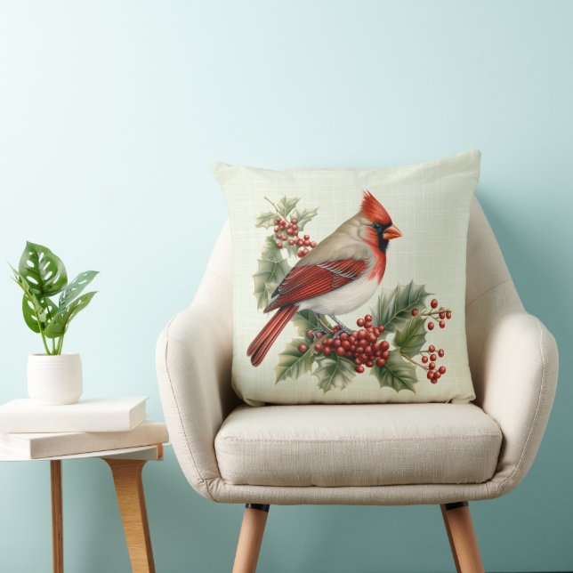 Red Christmas Cardinal Branch of Holly Berries Throw Pillow (Chair)