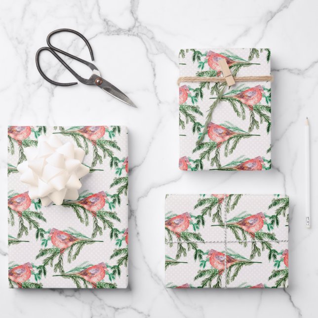 Red Christmas Cardinal On Pine Branches Wrapping Paper Sheets (Front)