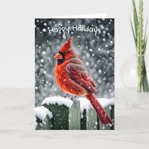 Red Christmas Cardinal On Snowy Fence Holiday Card