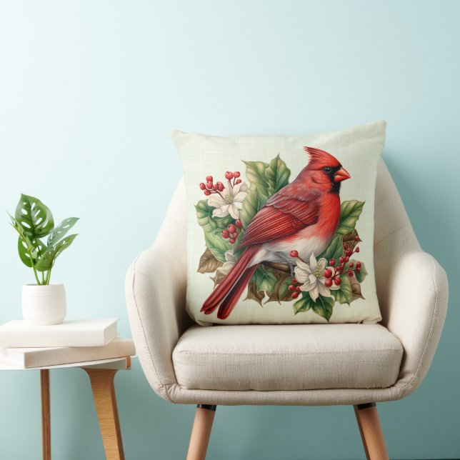 Red Christmas Cardinal Poinsettias Holly Berries Throw Pillow (Chair)