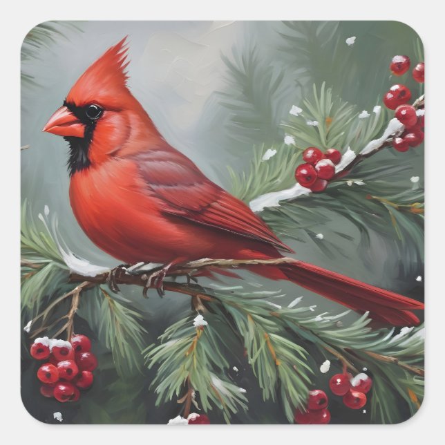 Red christmas cardinal square sticker (Front)