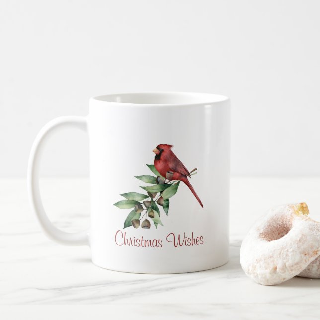 Red Christmas Cardinal with Greenery Plain Coffee Mug (With Donut)