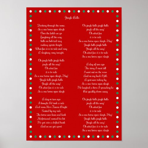 Red Christmas Carol Jingle Bells Posters 10 x 14