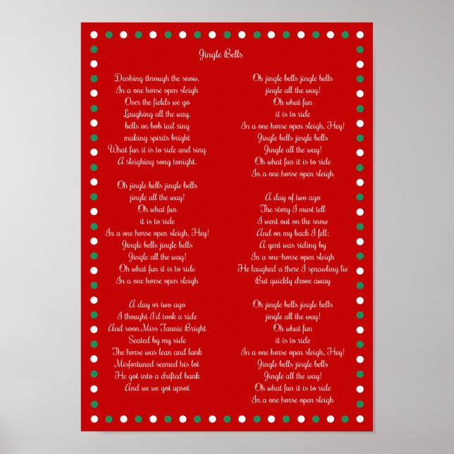 Red Christmas Carol Jingle Bells Posters 10" x 14" (Front)
