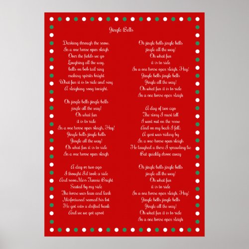 Red Christmas Carol Jingle Bells Posters 20 x 28