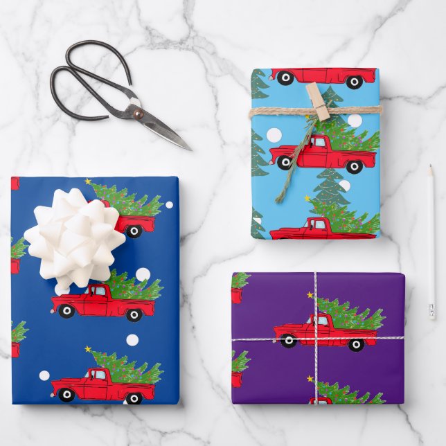 red christmas cars truck tree pickup gift wrapping paper sheets (Front)