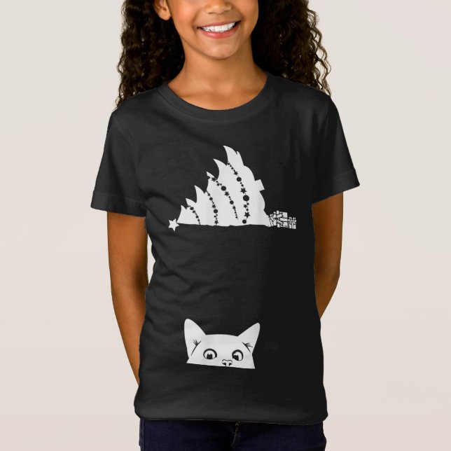 Red Christmas Cat Tipping Xmas Tree Over Meowy Cat T-Shirt (Front)