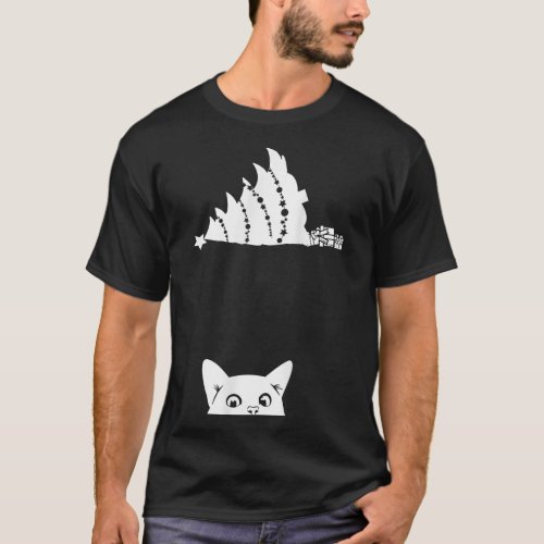 Red Christmas Cat Tipping Xmas Tree Over Meowy Cat T_Shirt