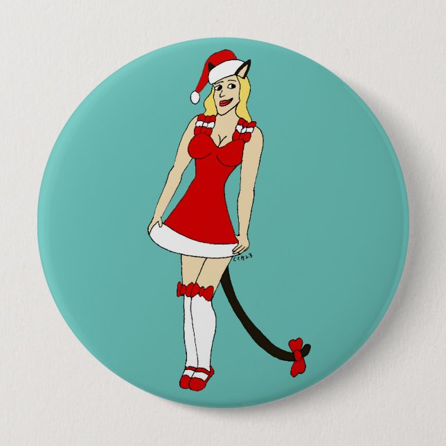 Red Christmas catgirl Button (Front)