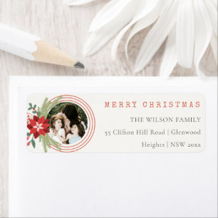 Red Christmas Circle Photo Poinsettia Address Label
