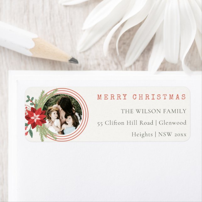Red Christmas Circle Photo Poinsettia Address Label (Insitu)