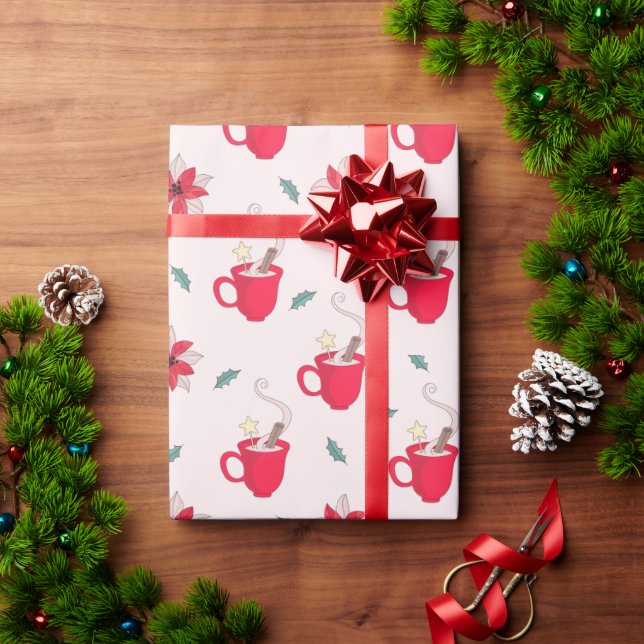 Red Christmas Coffee Cup | sprigs of holly Wrapping Paper (Holiday Gift)