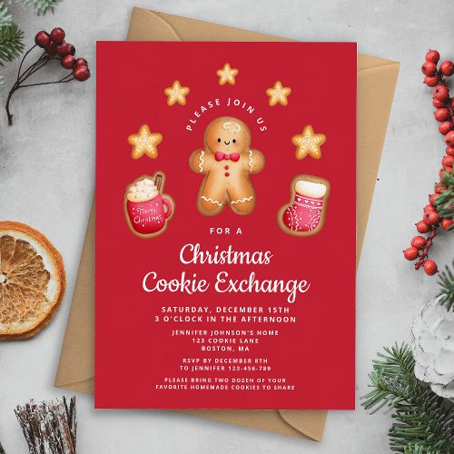Red Christmas Cookie Exchange Cute Gingerbread Man Invitation
