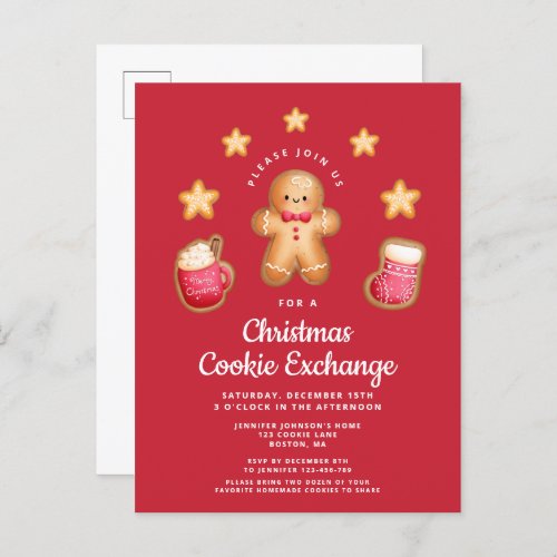 Red Christmas Cookie Exchange Cute Gingerbread Man Invitation Postcard