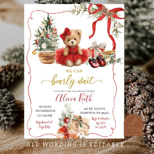 Red Christmas Coquette Bear Girl Baby Shower Invitation