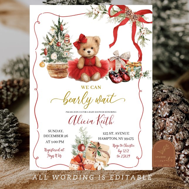 Red Christmas Coquette Bear Girl Baby Shower Invitation (Creator Uploaded)