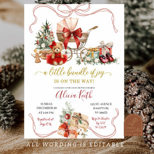 Red Christmas Coquette Carriage Girl Baby Shower  Invitation