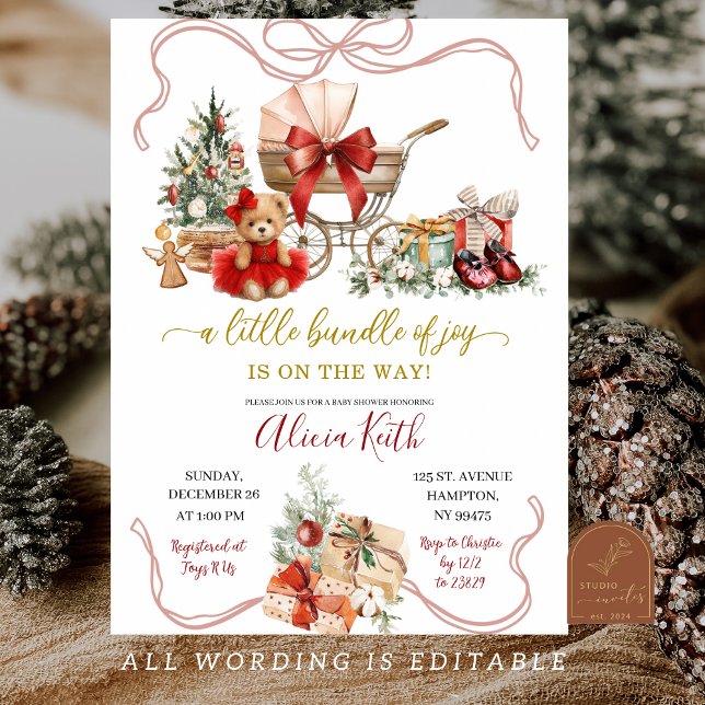 Red Christmas Coquette Carriage Girl Baby Shower  Invitation (Creator Uploaded)