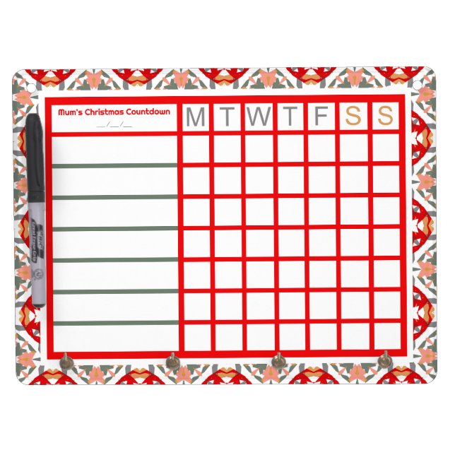 Red Christmas Countdown Weekly Checklist Tracker Dry Erase Board With Keychain Holder (Front)