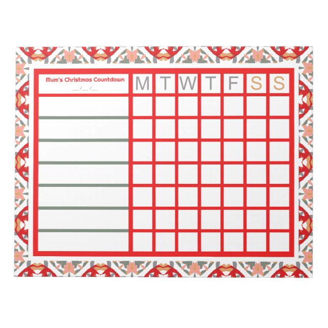 Red Christmas Countdown Weekly Checklist Tracker Notepad (Front)