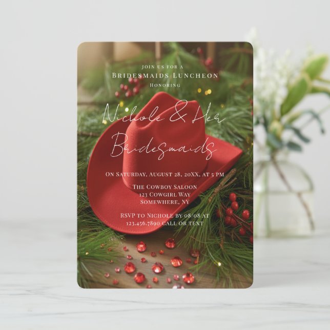 Red Christmas Cowboy Hat Bridesmaids Luncheon Invitation (Standing Front)