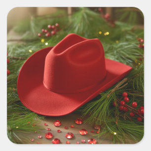 Red Christmas Cowboy Hat Square Sticker