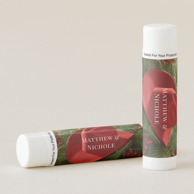 Red Christmas Cowboy Hat Wedding Lip Balm (Front)