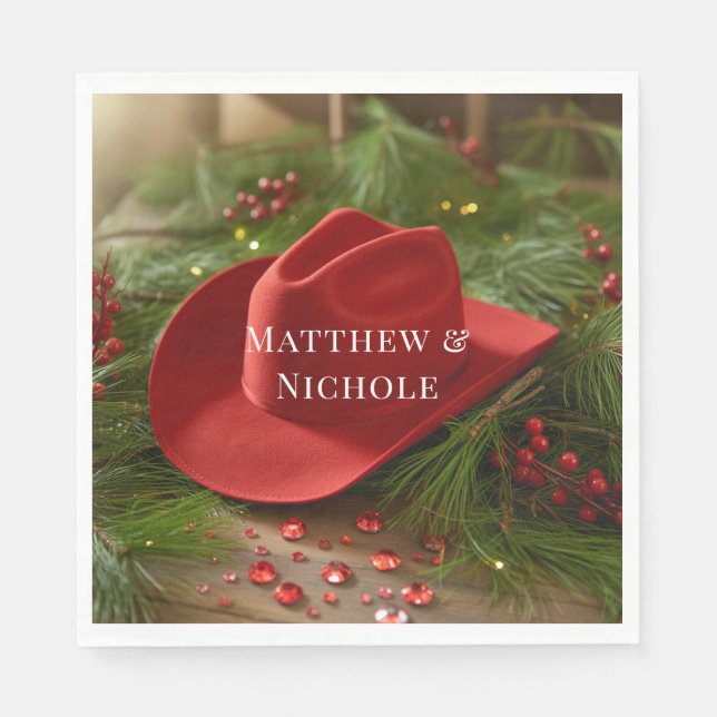 Red Christmas Cowboy Hat Wedding Napkins (Front)