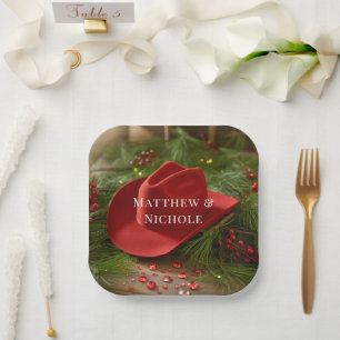 Red Christmas Cowboy Hat Wedding Paper Plates