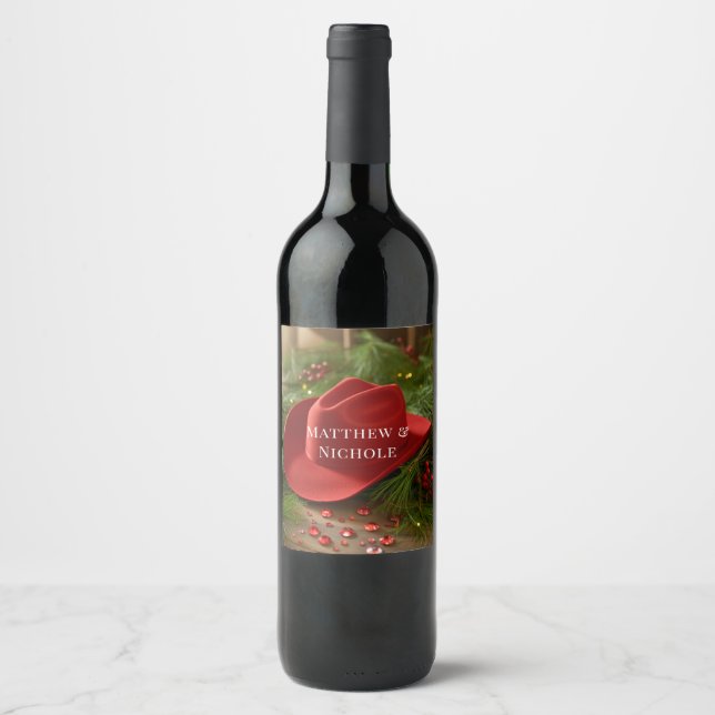 Red Christmas Cowboy Hat Wedding Wine Label (Front)