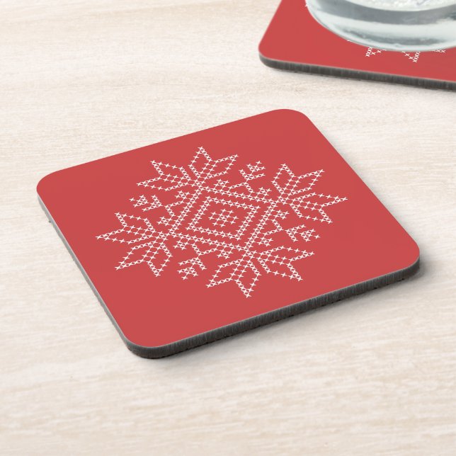 Red christmas cross stitch snowflake nordic craft beverage coaster (Left Side)