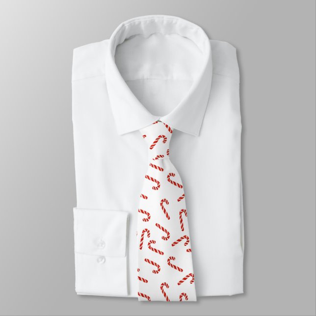 Red Christmas Cute Candy Cane Pattern Holiday Neck Tie (Tied)