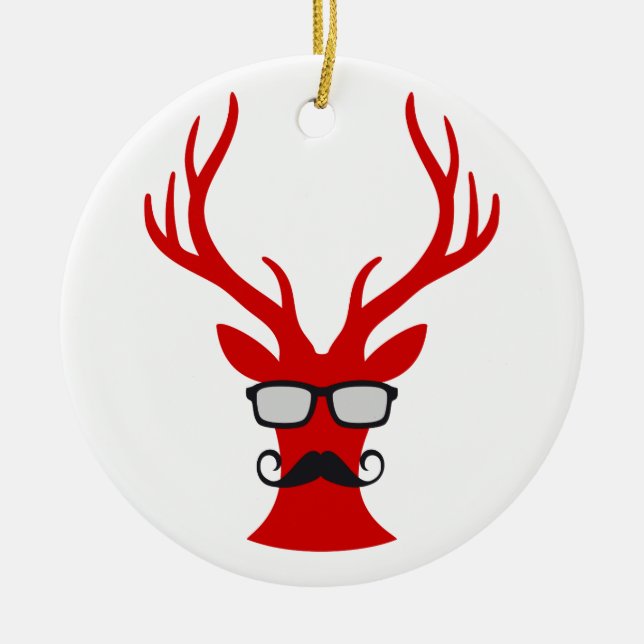 Red Christmas deer with mustache and nerd glasses Ceramic Ornament (Front)
