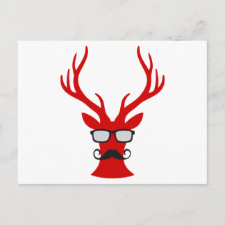 Red Christmas deer with mustache and nerd glasses Holiday Postcard