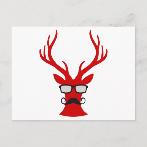 Red Christmas deer with mustache and nerd glasses Holiday Postcard