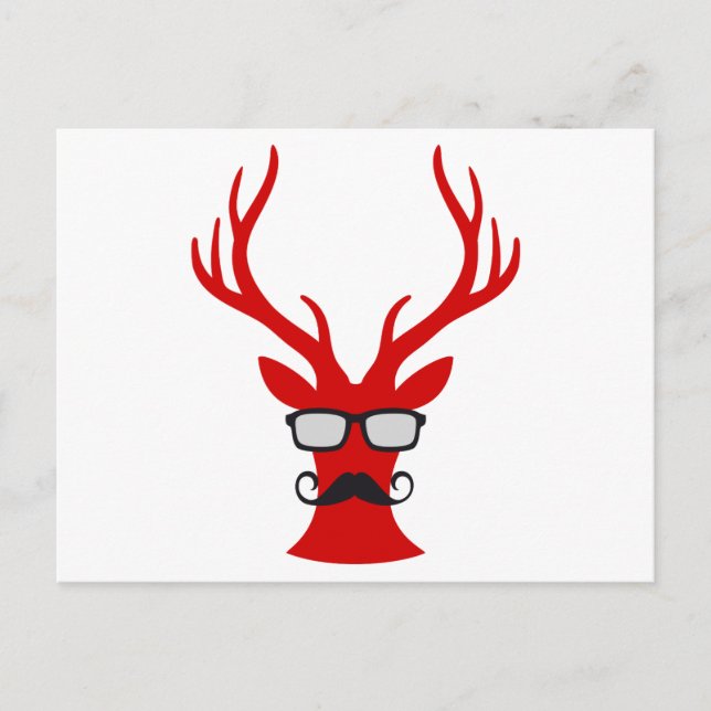 Red Christmas deer with mustache and nerd glasses Holiday Postcard (Front)