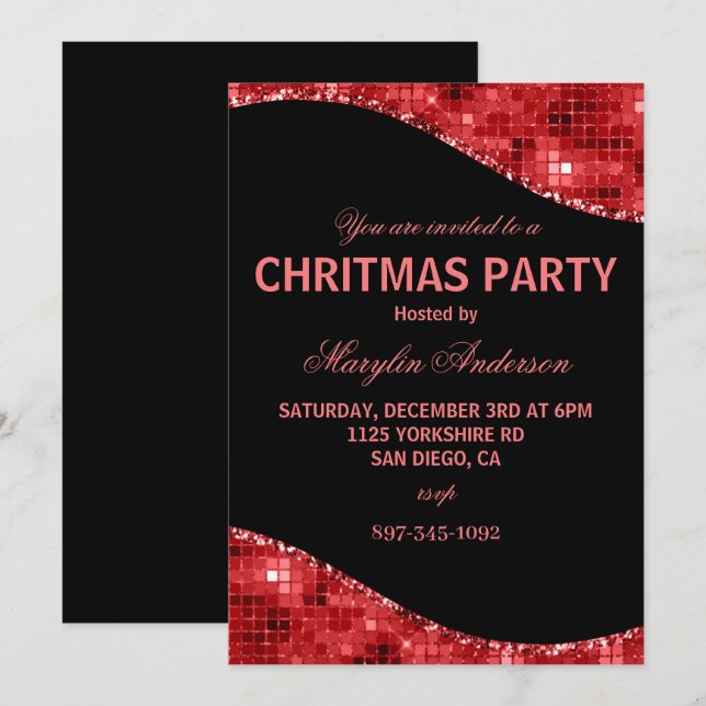 RED CHRISTMAS DISCO SHIMMER CUSTOM INVITATION (Front/Back)