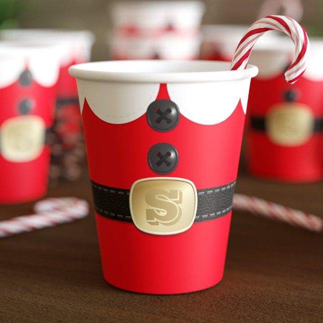 Red Christmas Elf Costume Holiday Party Paper Cups (Fun and festive red paper cups inspired by a Christmas Elf. Add your initial to the best and party!)