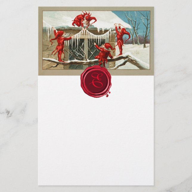 RED CHRISTMAS ELVES AND ICICLES Wax Seal Monogram Stationery (Front)
