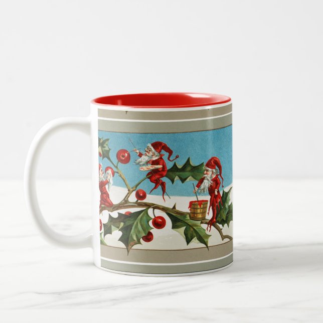 RED CHRISTMAS ELVES,HOLLYBERRIES Two-Tone COFFEE MUG (Left)
